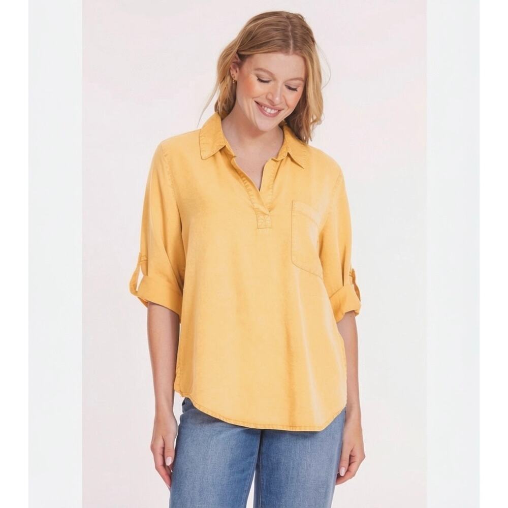 Mododoc Tencel Button Blouse Yellow Hi Low Shirt NWT Sz S